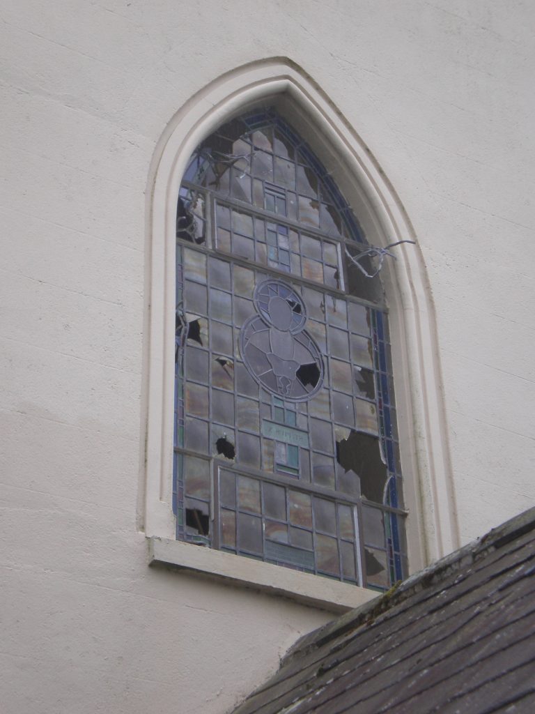 The strike drove chunks of plaster down the aisle and through the leaded window at the other end of the church, a distance of 28 Metres approx.